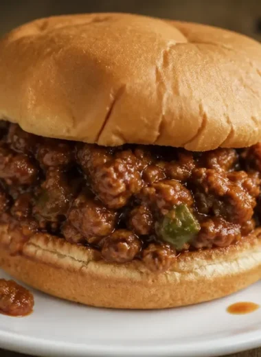 A plate of homemade sloppy joes with a side of pickles and fries