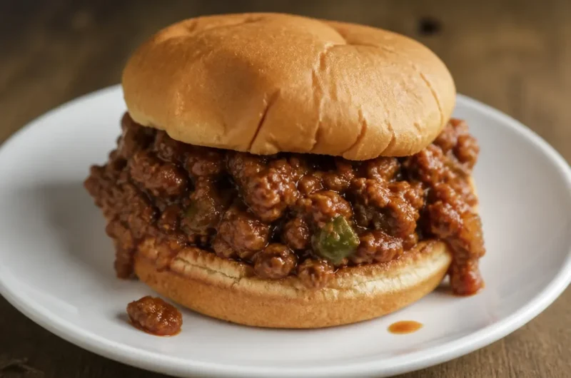 A plate of homemade sloppy joes with a side of pickles and fries