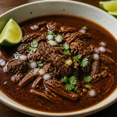 Delicious bowl of Mexican Birria de Res with tender beef and spices