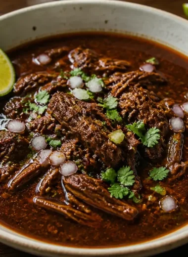 Delicious bowl of Mexican Birria de Res with tender beef and spices
