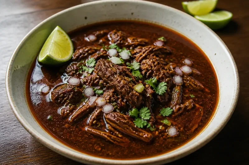 Delicious bowl of Mexican Birria de Res with tender beef and spices