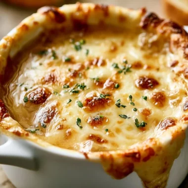 Delicious One-Pot French Onion Soup topped with melted cheese