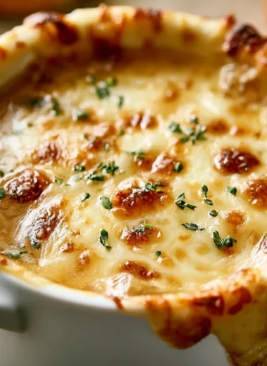 Delicious One-Pot French Onion Soup topped with melted cheese