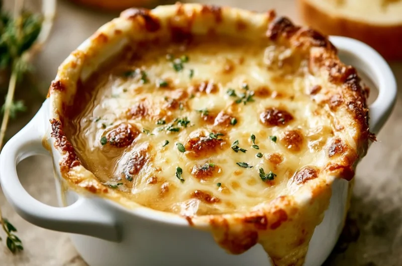 Delicious One-Pot French Onion Soup topped with melted cheese