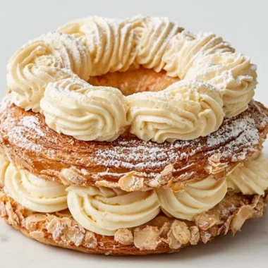 Delicious Paris-Brest pastry filled with creamy praline, a French dessert classic
