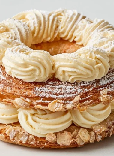 Delicious Paris-Brest pastry filled with creamy praline, a French dessert classic
