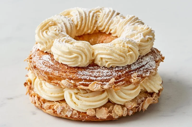 Delicious Paris-Brest pastry filled with creamy praline, a French dessert classic