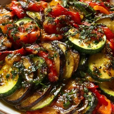 A colorful plate of Ratatouille showcasing fresh vegetables and herbs