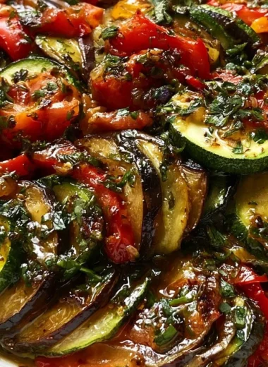 A colorful plate of Ratatouille showcasing fresh vegetables and herbs