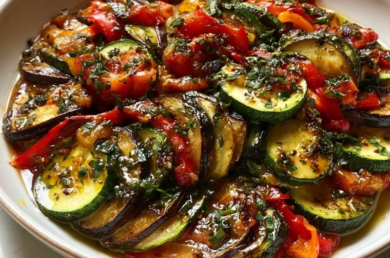 A colorful plate of Ratatouille showcasing fresh vegetables and herbs