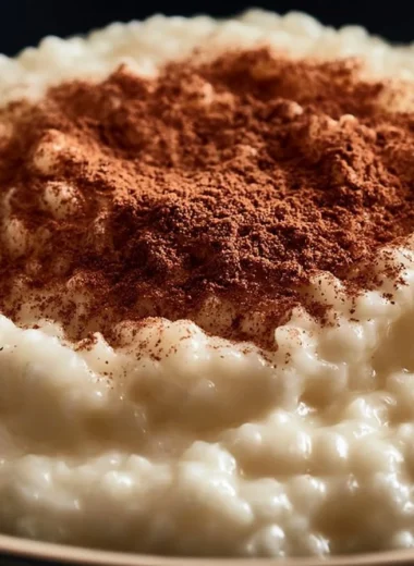 Delicious bowl of traditional riz au lait topped with cinnamon and served with a spoon