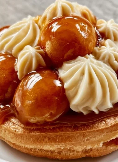 Delicious Saint-Honoré pastry topped with cream and caramel