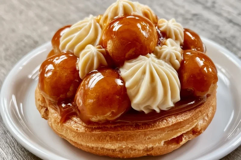 Delicious Saint-Honoré pastry topped with cream and caramel