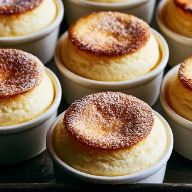 A fluffy and golden French vanilla soufflé with a dusting of powdered sugar