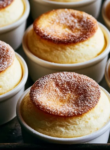 A fluffy and golden French vanilla soufflé with a dusting of powdered sugar