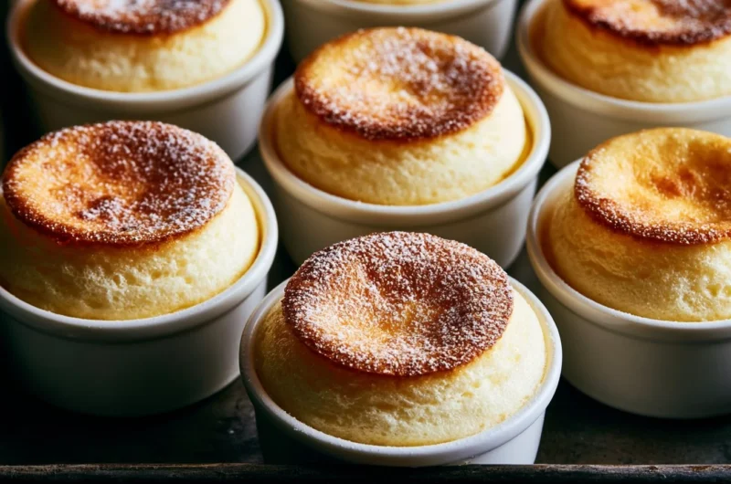 A fluffy and golden French vanilla soufflé with a dusting of powdered sugar
