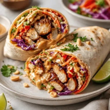 Delicious Thai chicken wraps with crunchy Asian slaw on a plate
