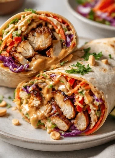 Delicious Thai chicken wraps with crunchy Asian slaw on a plate