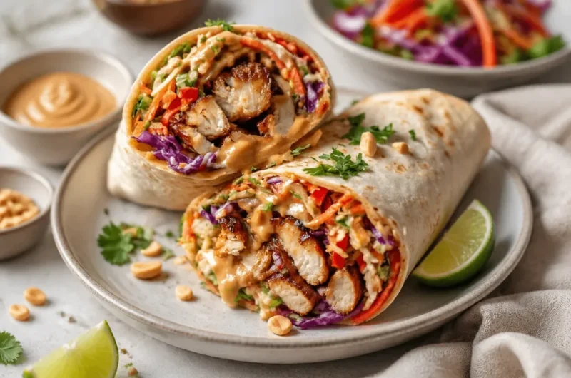 Delicious Thai chicken wraps with crunchy Asian slaw on a plate