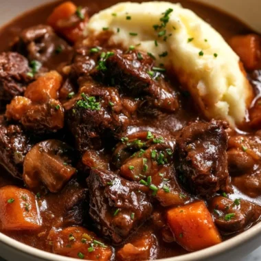 Delicious beef bourguignon stew with vegetables and herbs in a deep bowl.