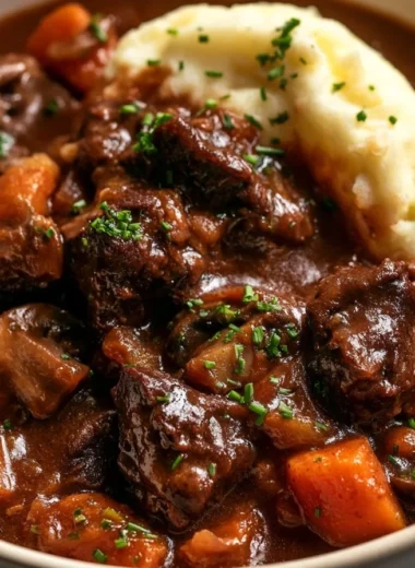 Delicious beef bourguignon stew with vegetables and herbs in a deep bowl.