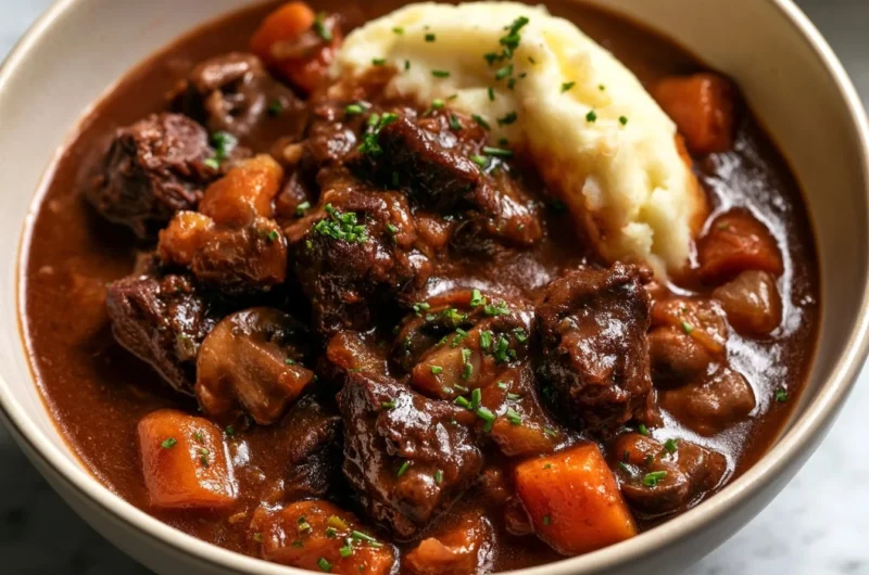 Delicious beef bourguignon stew with vegetables and herbs in a deep bowl.