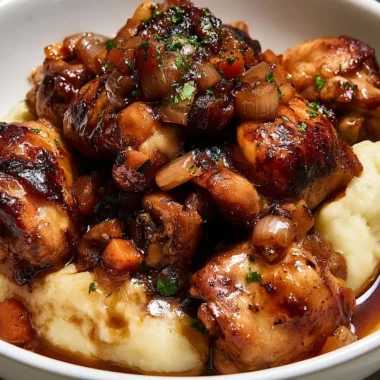 Delicious plate of Traditional Coq au Vin, a classic French chicken stew in wine