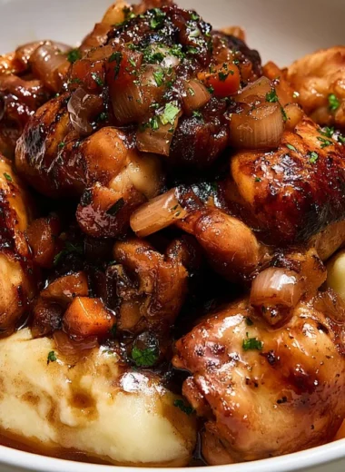 Delicious plate of Traditional Coq au Vin, a classic French chicken stew in wine