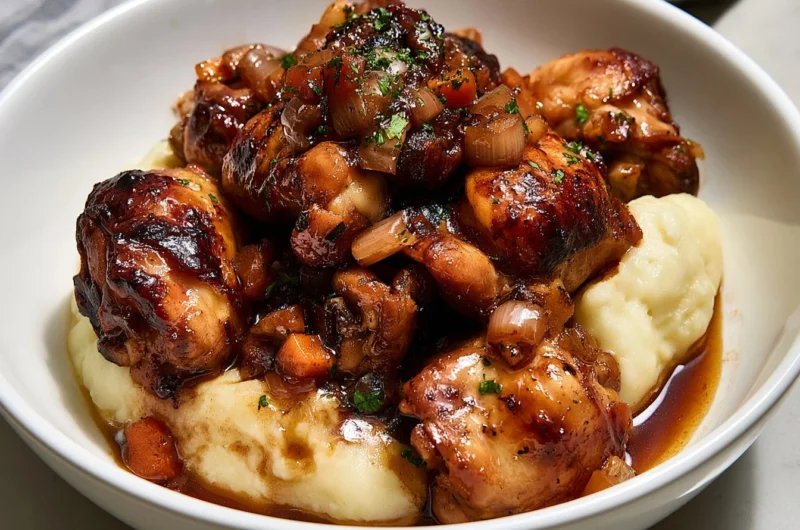 Delicious plate of Traditional Coq au Vin, a classic French chicken stew in wine