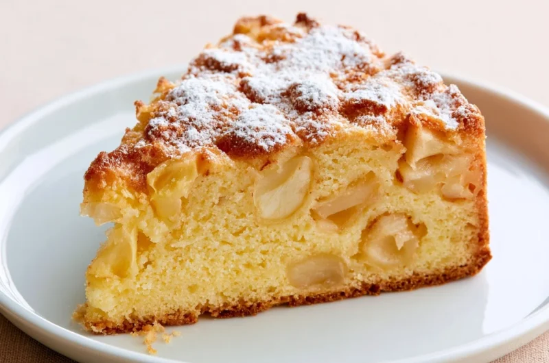 Slice of traditional French apple cake topped with fresh apple slices