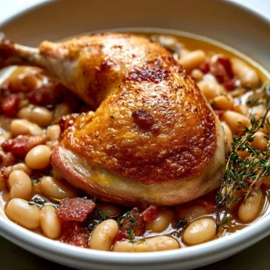 Bowl of traditional French cassoulet bean stew topped with herbs and sausage