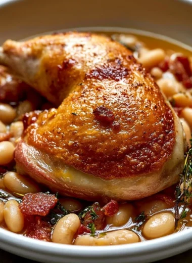 Bowl of traditional French cassoulet bean stew topped with herbs and sausage
