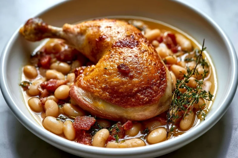Bowl of traditional French cassoulet bean stew topped with herbs and sausage