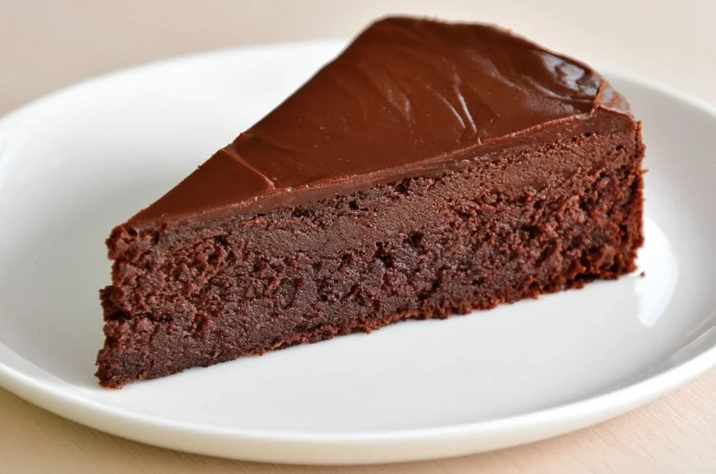Slice of Traditional French Chocolate Cake (Gâteau au Chocolat) topped with cocoa dust