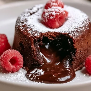 Traditional French chocolate lava cake with a molten center on a plate.
