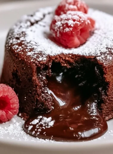 Traditional French chocolate lava cake with a molten center on a plate.
