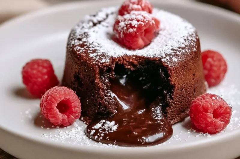 Traditional French chocolate lava cake with a molten center on a plate.