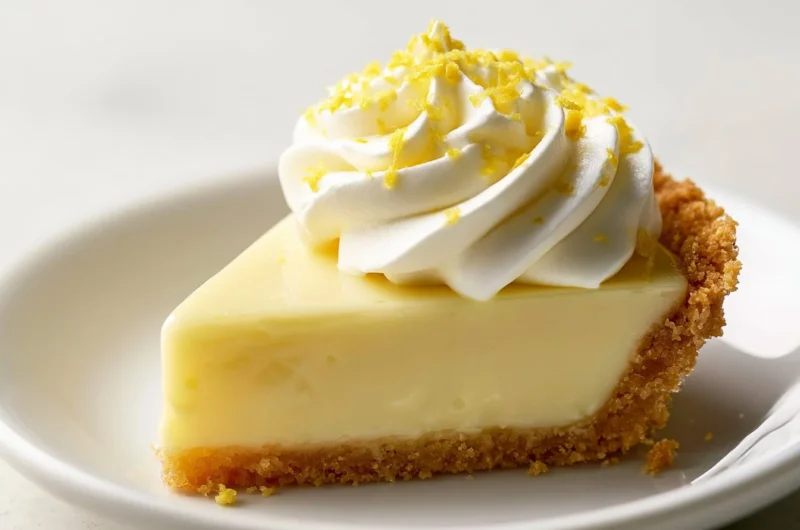 Classic French lemon tart (Tarte au Citron) beautifully presented with lemon slices.