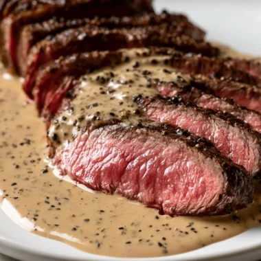 Delicious Steak au Poivre served with pepper sauce and side dishes