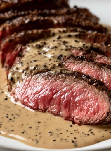 Delicious Steak au Poivre served with pepper sauce and side dishes