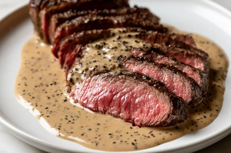 Delicious Steak au Poivre served with pepper sauce and side dishes