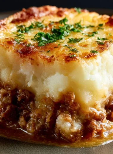 Delicious Hachis Parmentier, a traditional French Shepherd's Pie with mashed potatoes and meat.