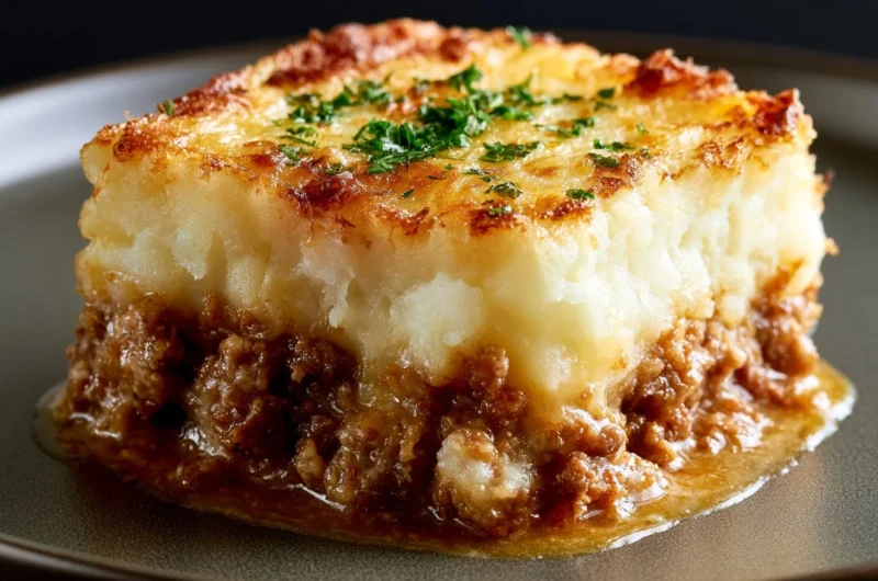 Delicious Hachis Parmentier, a traditional French Shepherd's Pie with mashed potatoes and meat.