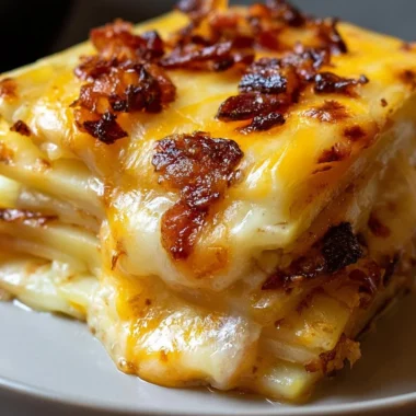 Delicious traditional Tartiflette, a French potato, cheese, and bacon bake.