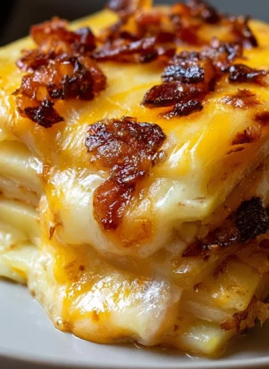 Delicious traditional Tartiflette, a French potato, cheese, and bacon bake.