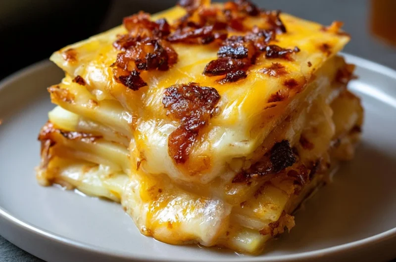 Delicious traditional Tartiflette, a French potato, cheese, and bacon bake.