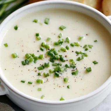 Bowl of Vichyssoise, a creamy cold leek and potato soup garnished with chives.