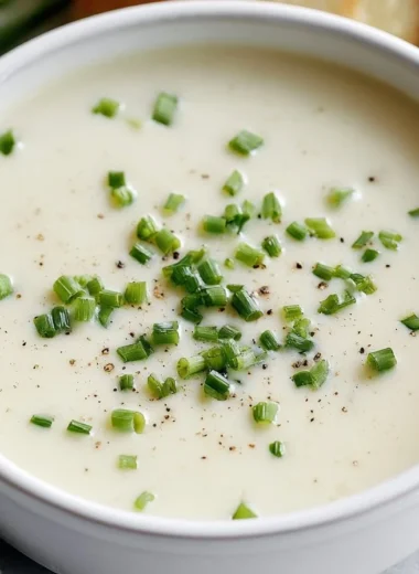 Bowl of Vichyssoise, a creamy cold leek and potato soup garnished with chives.