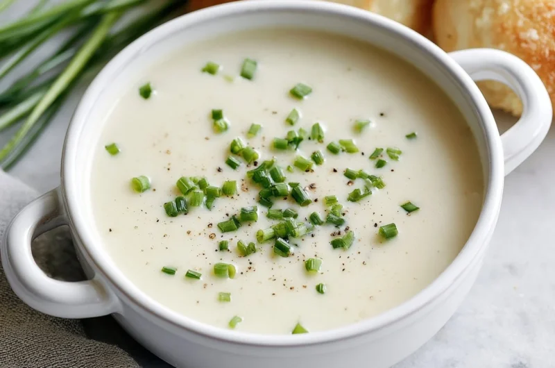 Bowl of Vichyssoise, a creamy cold leek and potato soup garnished with chives.