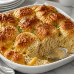 Delicious Chicken Biscuit Bake casserole served hot on a plate